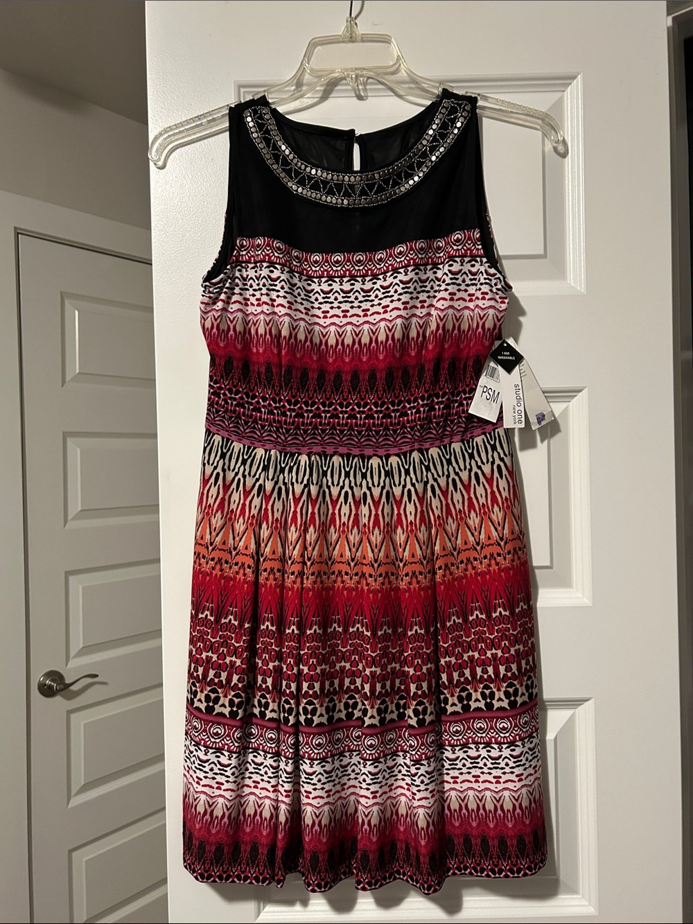 Sleeveless Red Ombre Midi Dress with Beaded Neckline